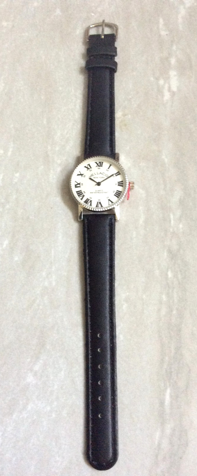 Vellacio Women’s Round Watch Silver Dial Roman Numerals Black Leather Band New!