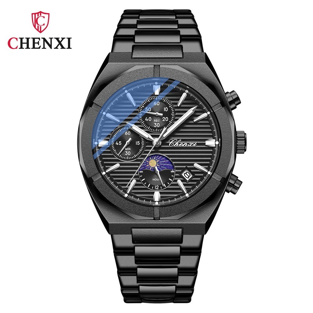 CHENXI Men’s Leather Chronograph Calendar Luminous Moon Phase Quartz Watch Gift