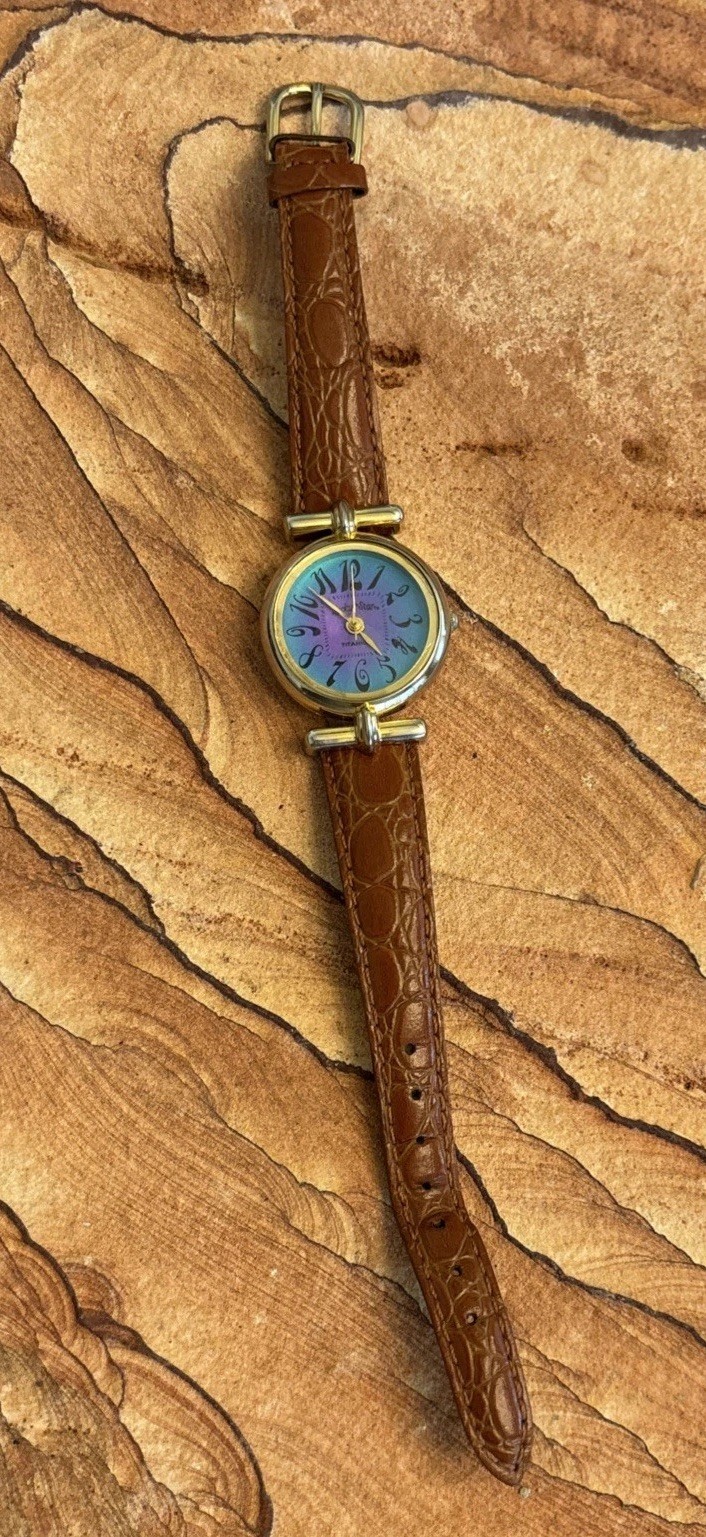Lucky Star Ladies Watch New Battery Blue And Purple Face Brown Band