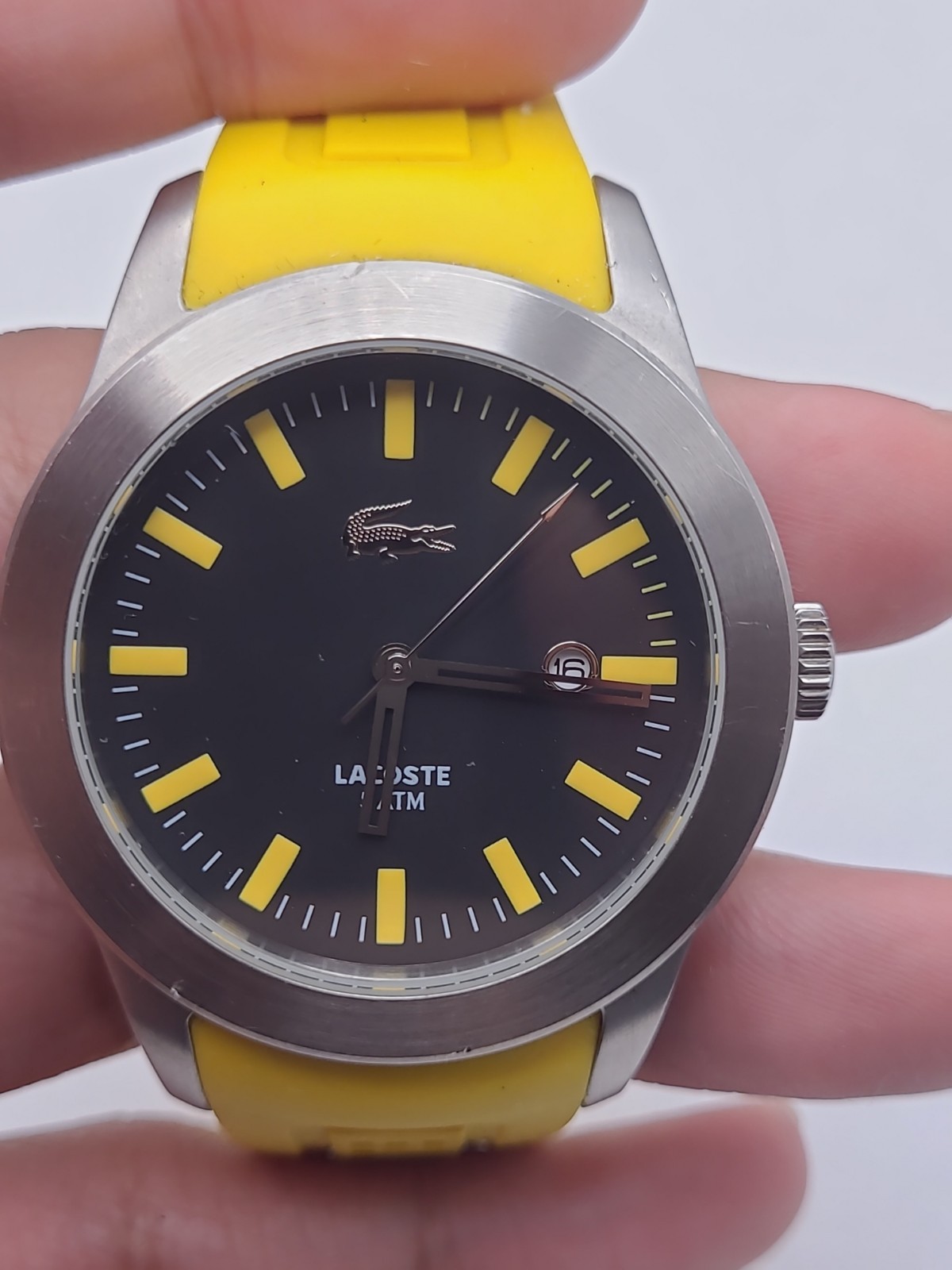 Lacoste Men’s Quartz Yellow Silicone Strap Black Dial Watch New Battery Working