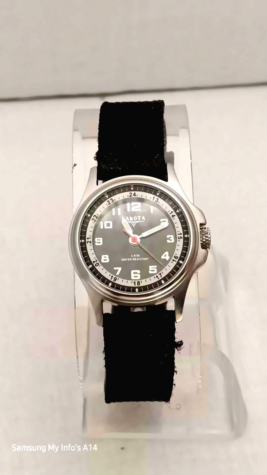 Dakota Stainless Steel Watch Canvas Black Band Mineral Glass Crystal 3 ATM.