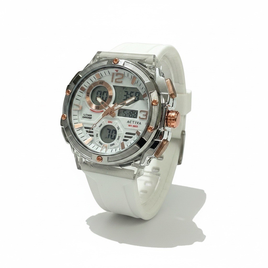 Activa ACW8118 Analog Digital Quartz Watch 44mm 30M White Silicone Strap Boxed