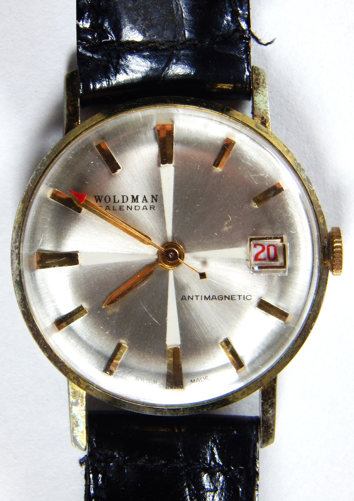 1960s WOLDMAN CALENDAR WATCH ANTI-MAGNETIC DATE WINDER MENS ALLIGATOR CALF PARTS