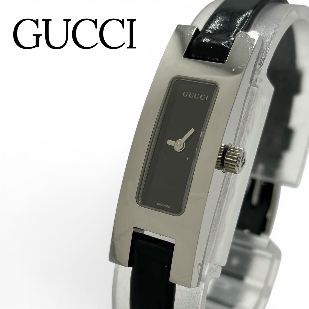 Working GUCCI Wristwatch Black Dial Quartz Square Silver Leather Strap