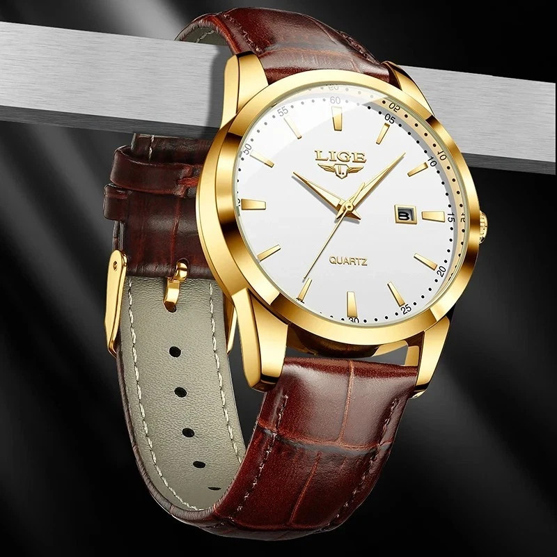 Mens LIGE Classic Luxury Wristwatch Sports Waterproof Quartz Leather Strap Watch