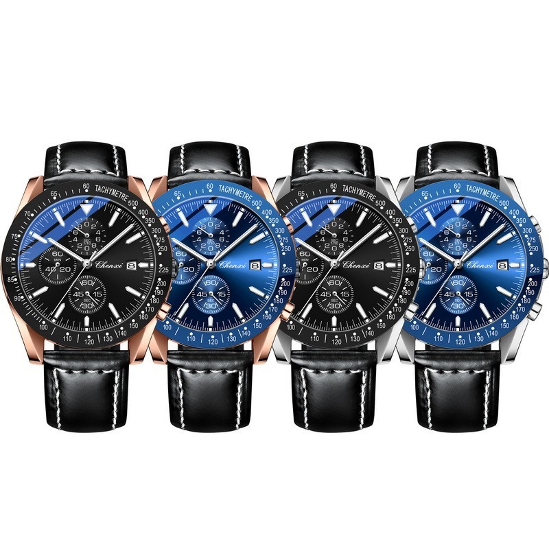 CHENXI Men Luxury Black Leather Calendar Business Sport Chronograph Quartz Watch