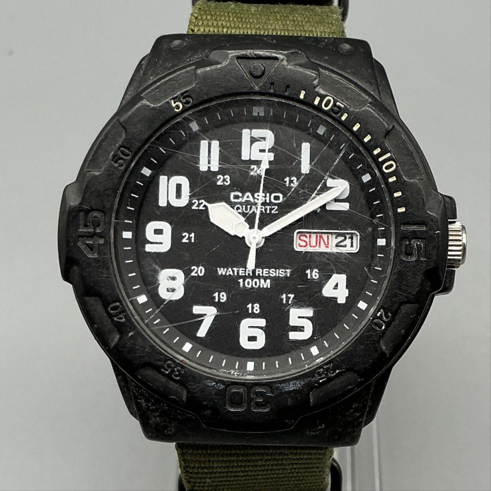 Casio MRW-200H Mens Watch 43mm Black Dial Green Day Date 100M New Battery