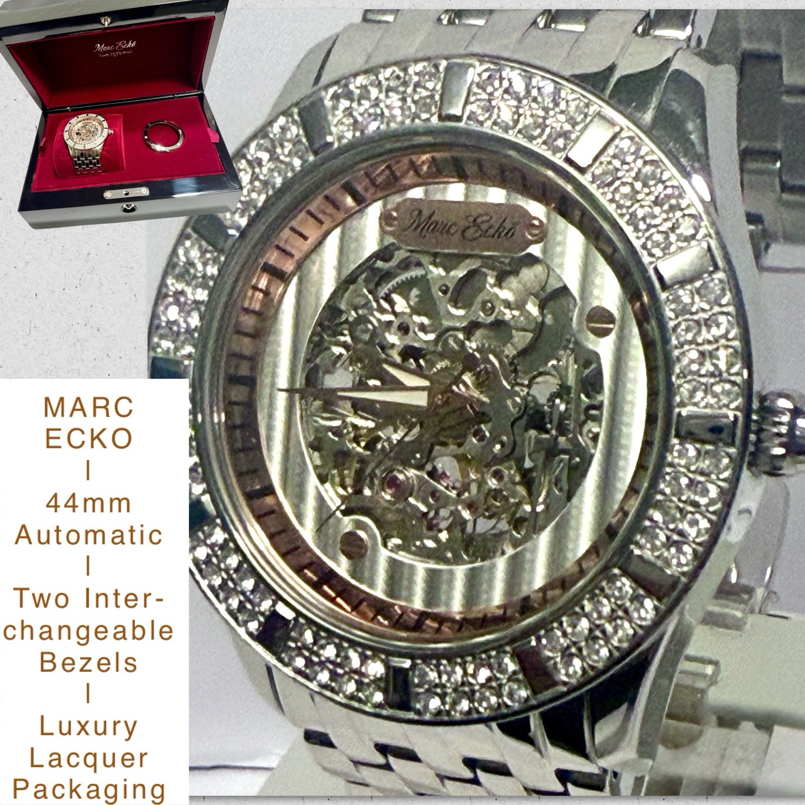 44mm Auto Two Bezels: Classic & Pave Crystals| Silvertn Bracelet MARC ECKO Watch