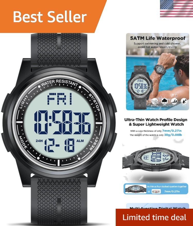 Modern Digital Watch for Active Lifestyles: 50M Waterproof & Lightweight Comfort