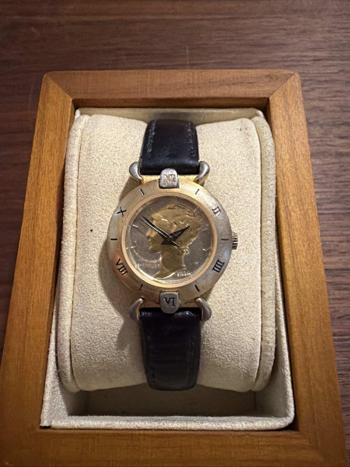 Vintage Brittania Gold Silver Tone 1936 Coin Womens Watch Black Leather Band
