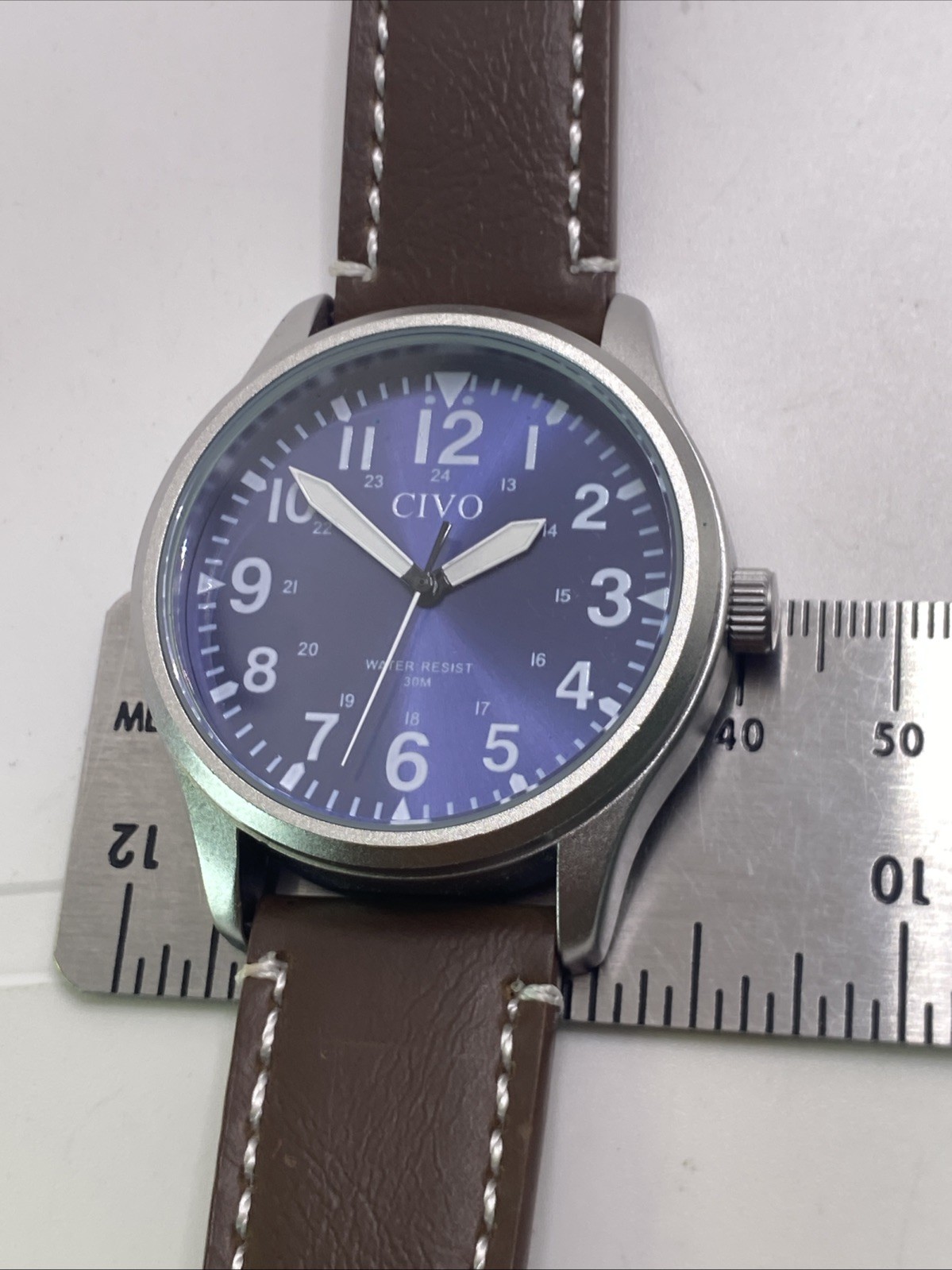 Civo Mens Silver Tone Brown Leather Watch Works New Battery