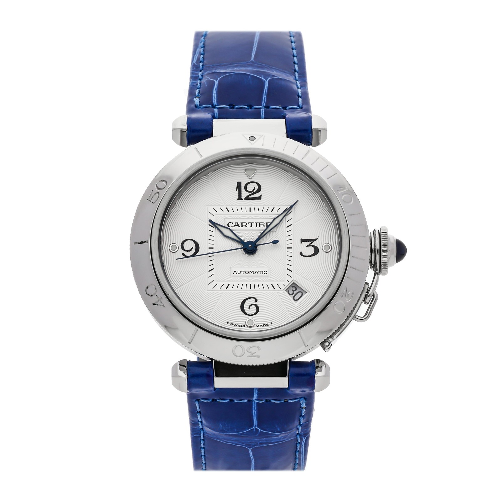 Cartier Pasha Steel Auto 38mm Silver Dial Blue Strap Watch W31031H3