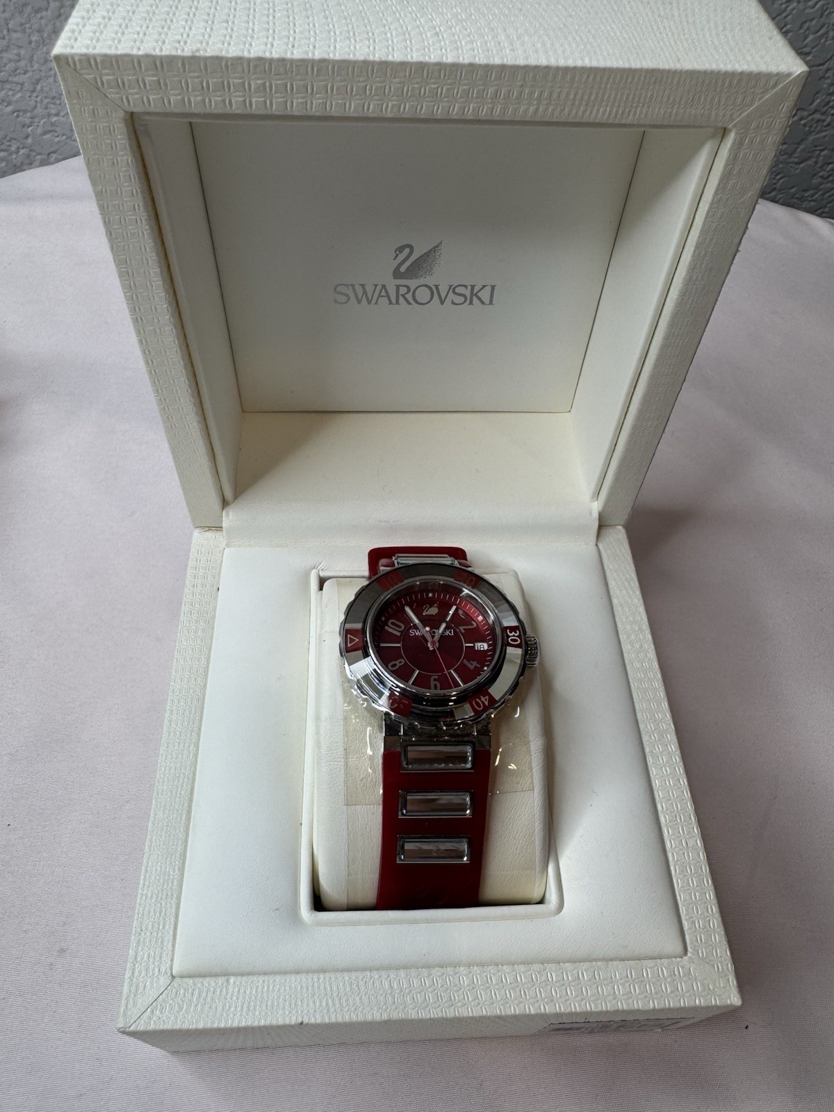 Swarovski Octea Sport Red Watch 1047344 Swiss Made Date Box Authentic