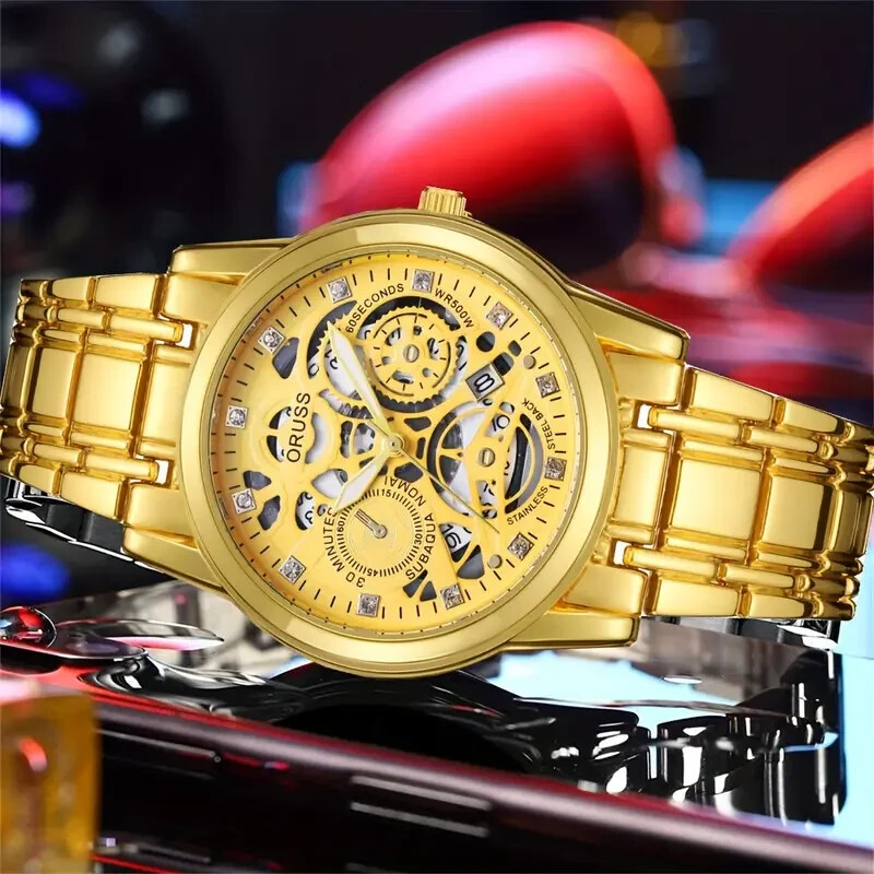 Fashion Cool Men Golden Round Dial Quartz Watch Luminous Date Display Hollow Out