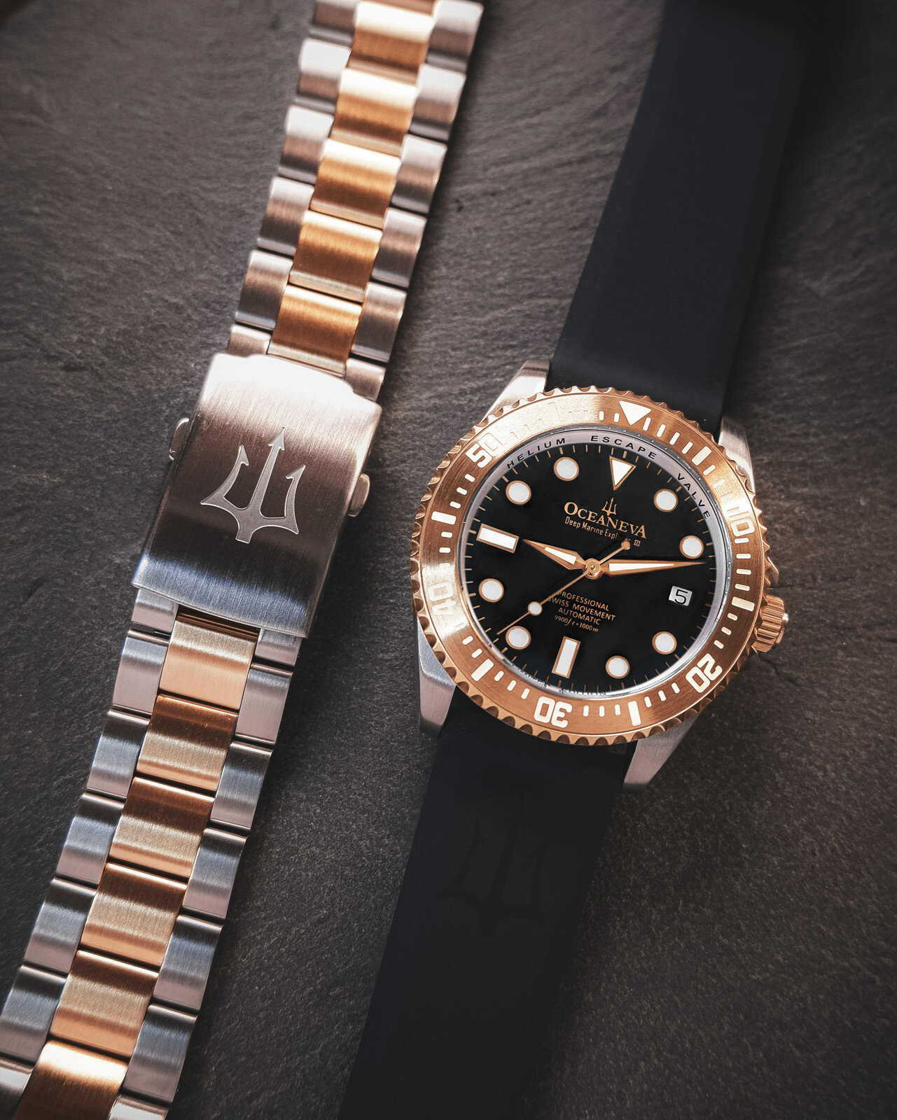 Oceaneva™ Men’s Deep Marine Explorer III 3000M Rose Gold Watch Black Automatic