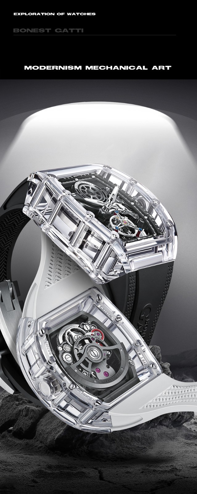 BONEST GATTI Men Tourbillon Watch Tonneau Automatic Mechanical Acrylic Case