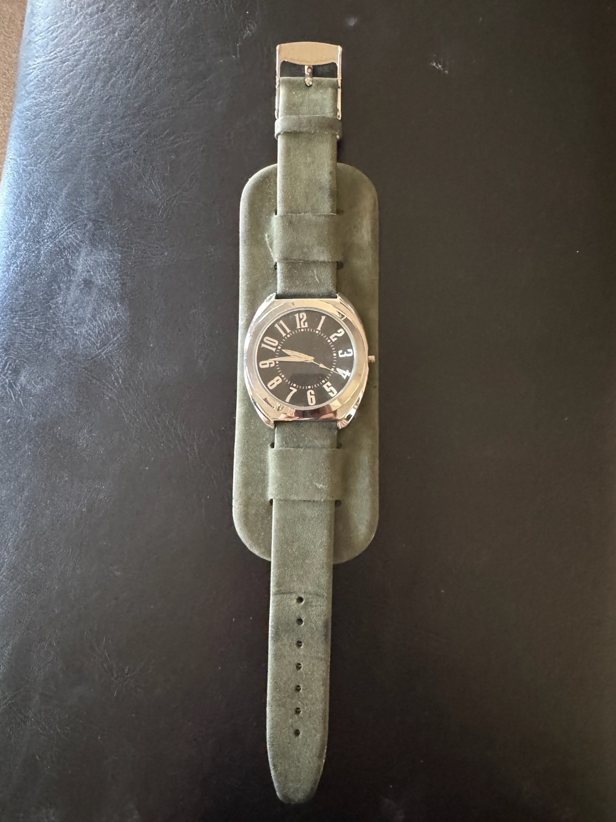 Unique Olive Green Suade Watch with Black Face Silver Bezel NEW Needs Battery