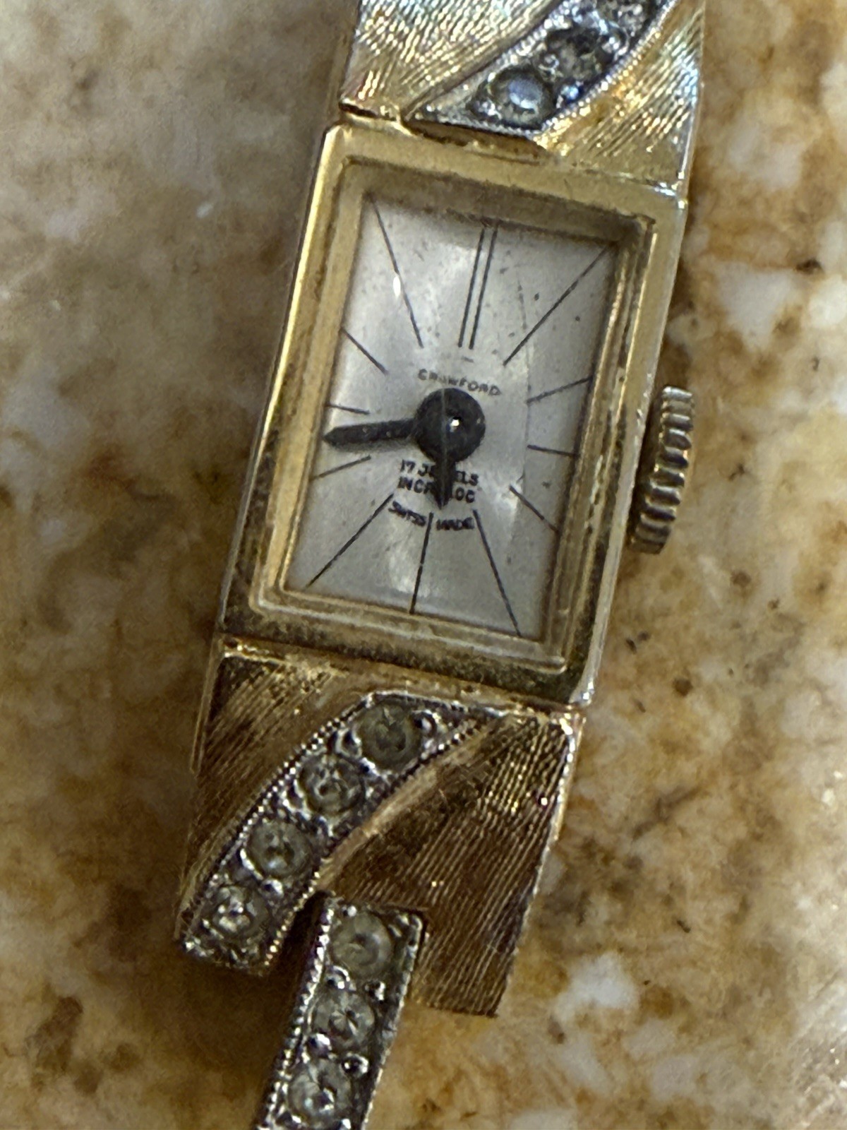 Crawford Swiss Made 17J Manual Mechanical Rectangle Gold Tone Analog Watch
