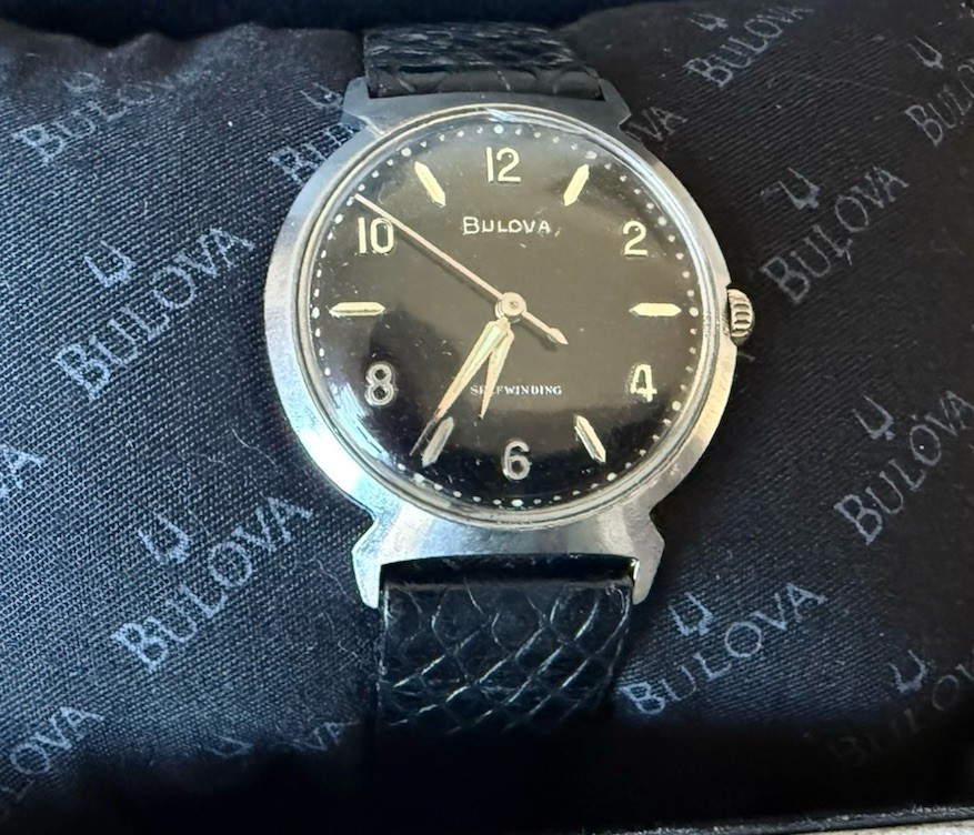 Vintage Bulova Manual Wind Black Dial 35mm Runs w/ Box Caravelle Strap Nice
