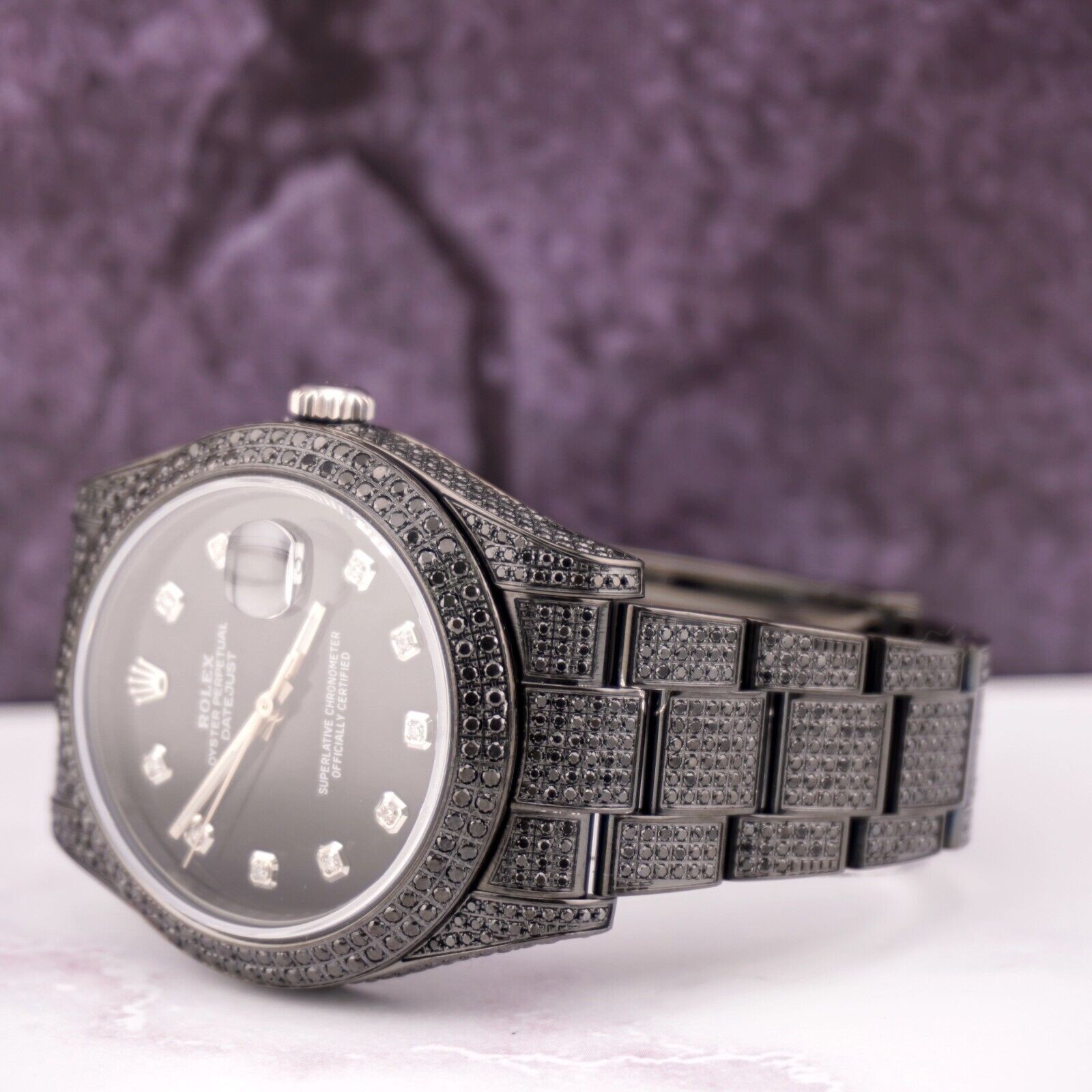Rolex Men’s Datejust 41mm Black Iced Out 10ct Diamonds Oyster Steel Watch 116300