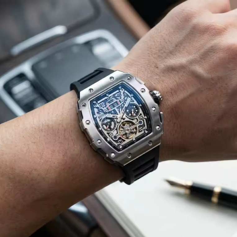 REEF TIGER Automatic Mechanical Watch For Men Skeleton Dial Tonneau Watches Mens