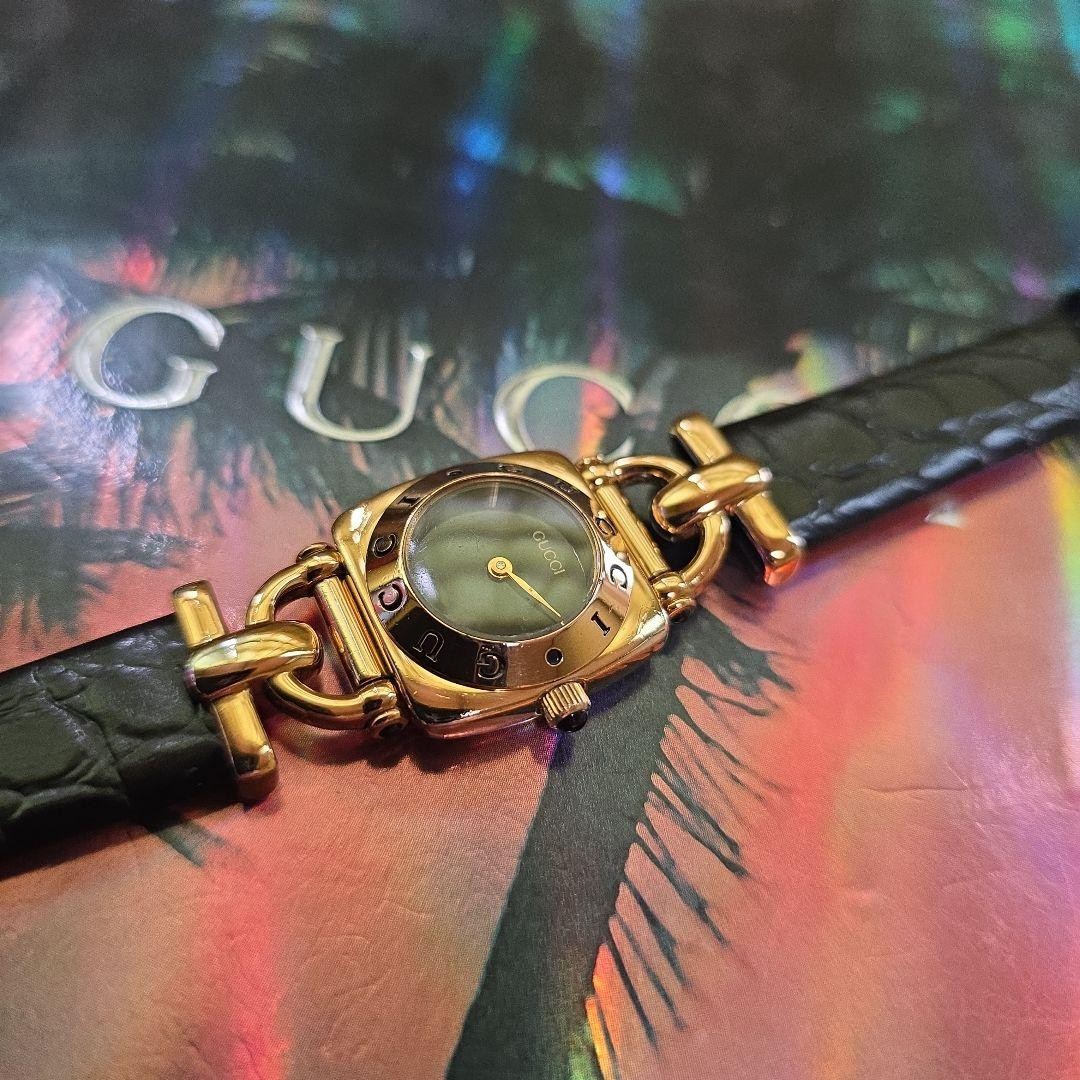 GUCCI 6300L Gold Dial Quartz Watch Black Leather Band
