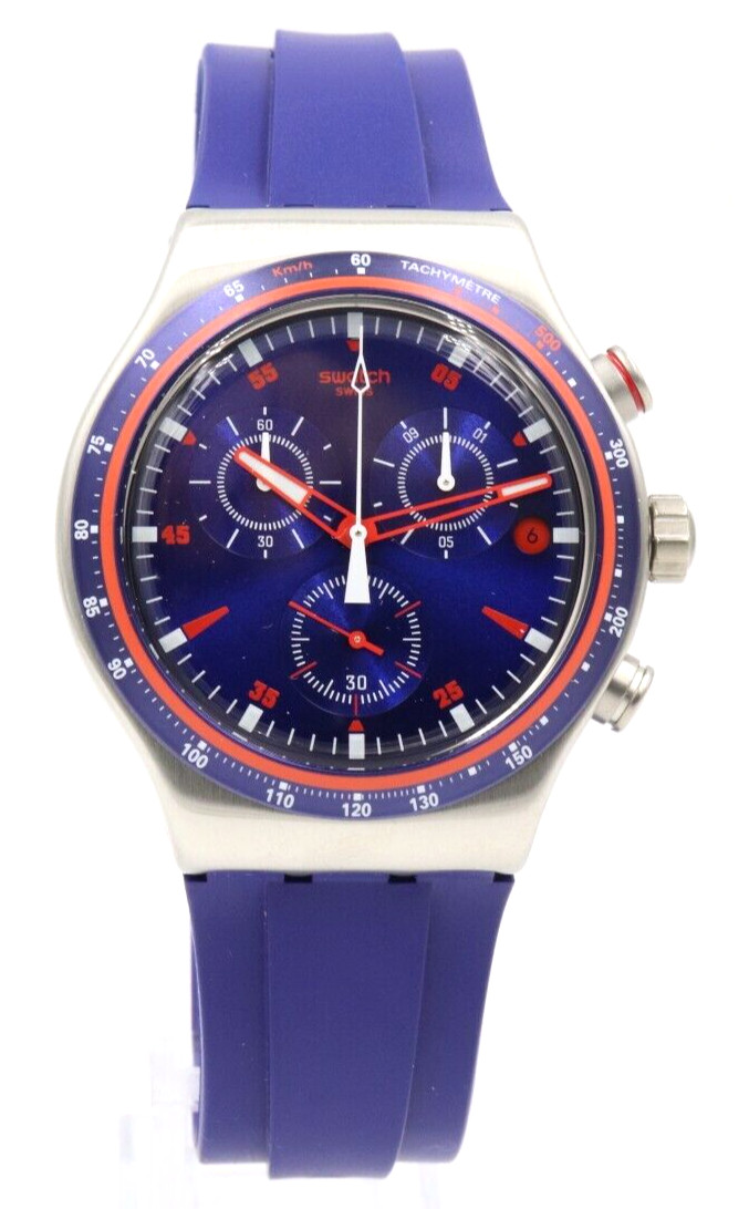 New Swiss Swatch Irony HOOKUP Chrono Blue Silicone Date Watch 43mm YVS417 $190