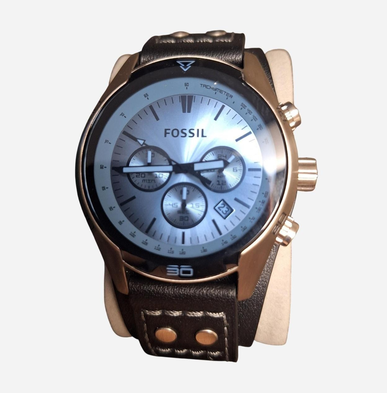 Fossil Coachman Chronograph Black Leather Cuff Watch (CH2564)