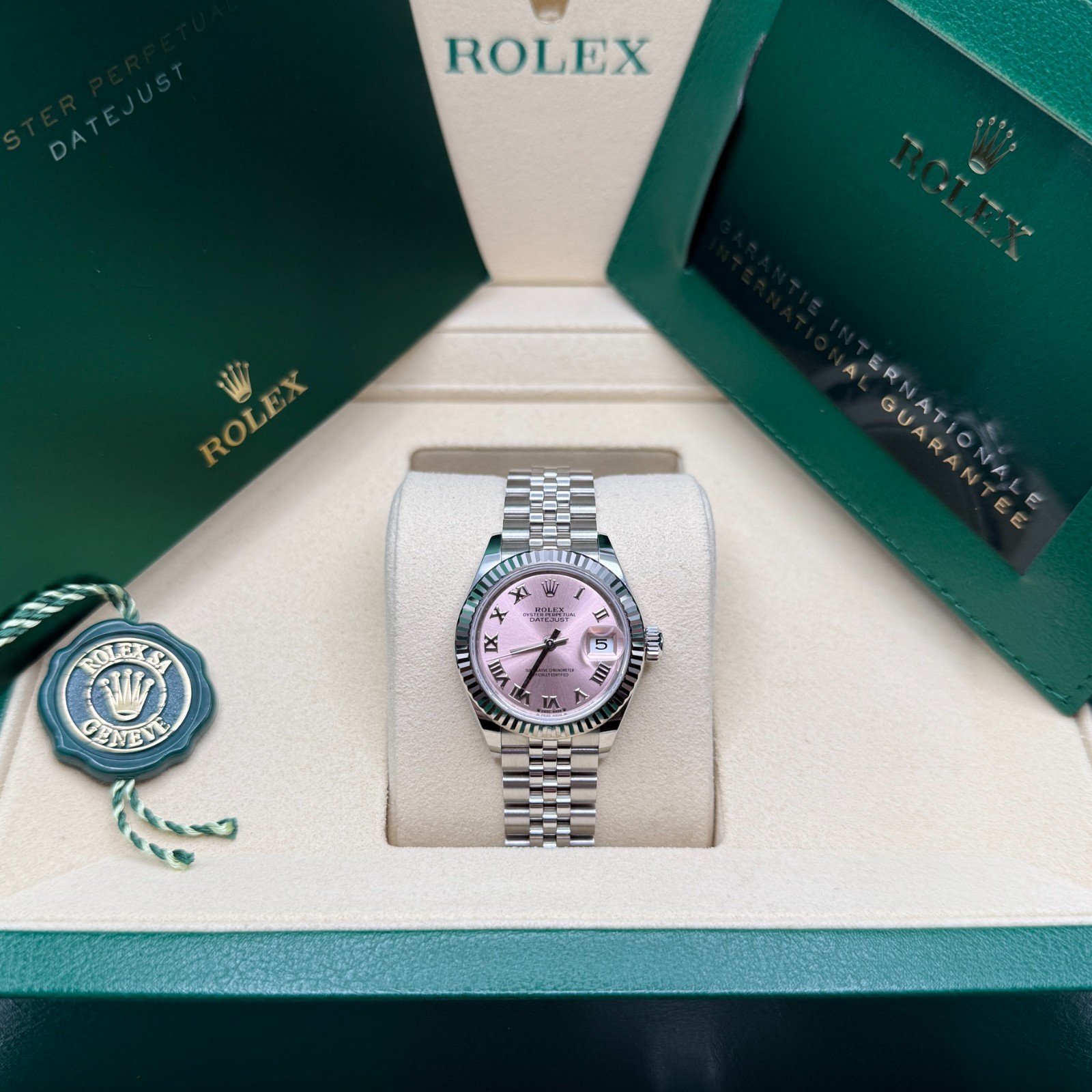 Rolex Lady-Datejust Pink Roman Dial Stainless Steel Fluted Bezel Jubilee