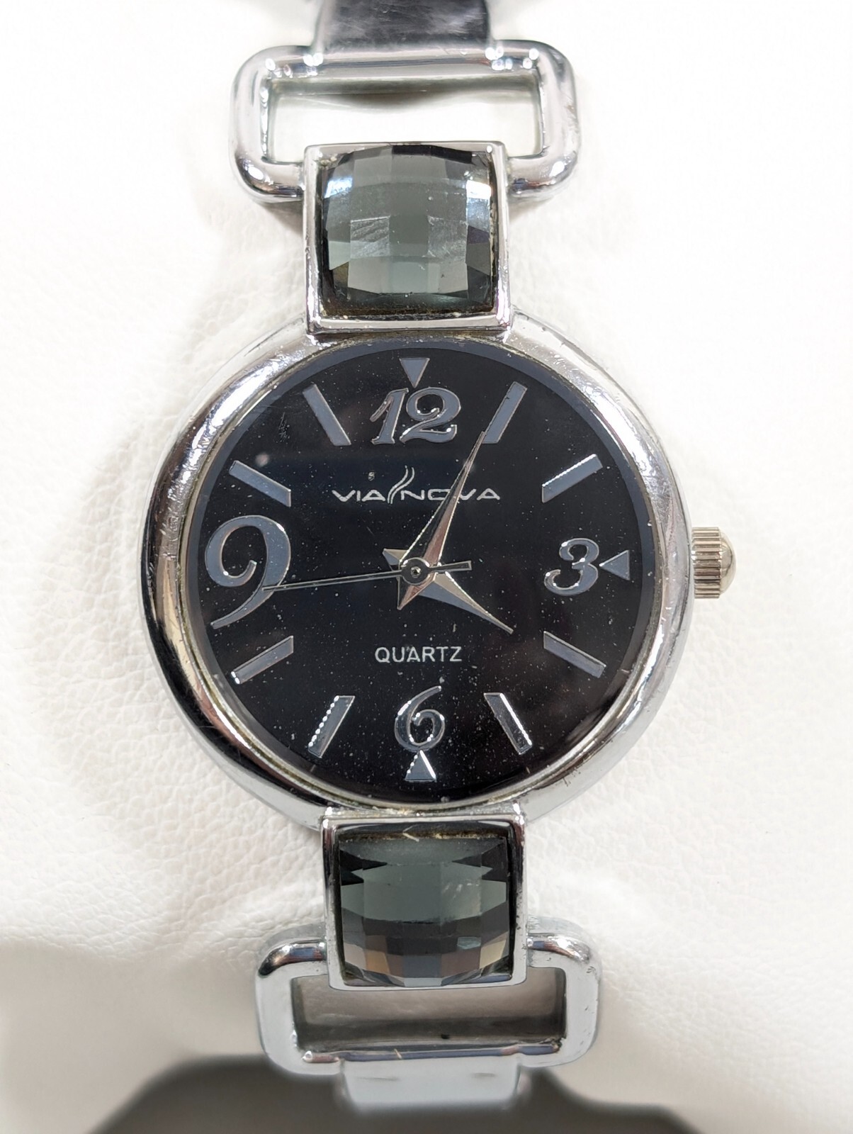 Via Nova Black Dial Gray Crystal Accent Silver Tone Cuff Watch 6 inch