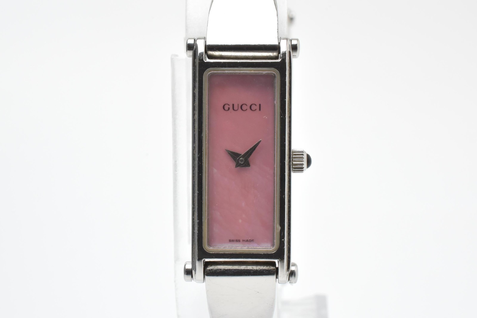 GUCCI 1500L Quartz Women’s Rectangular Bangle Wristwatch Pink Dial Steel 12mm