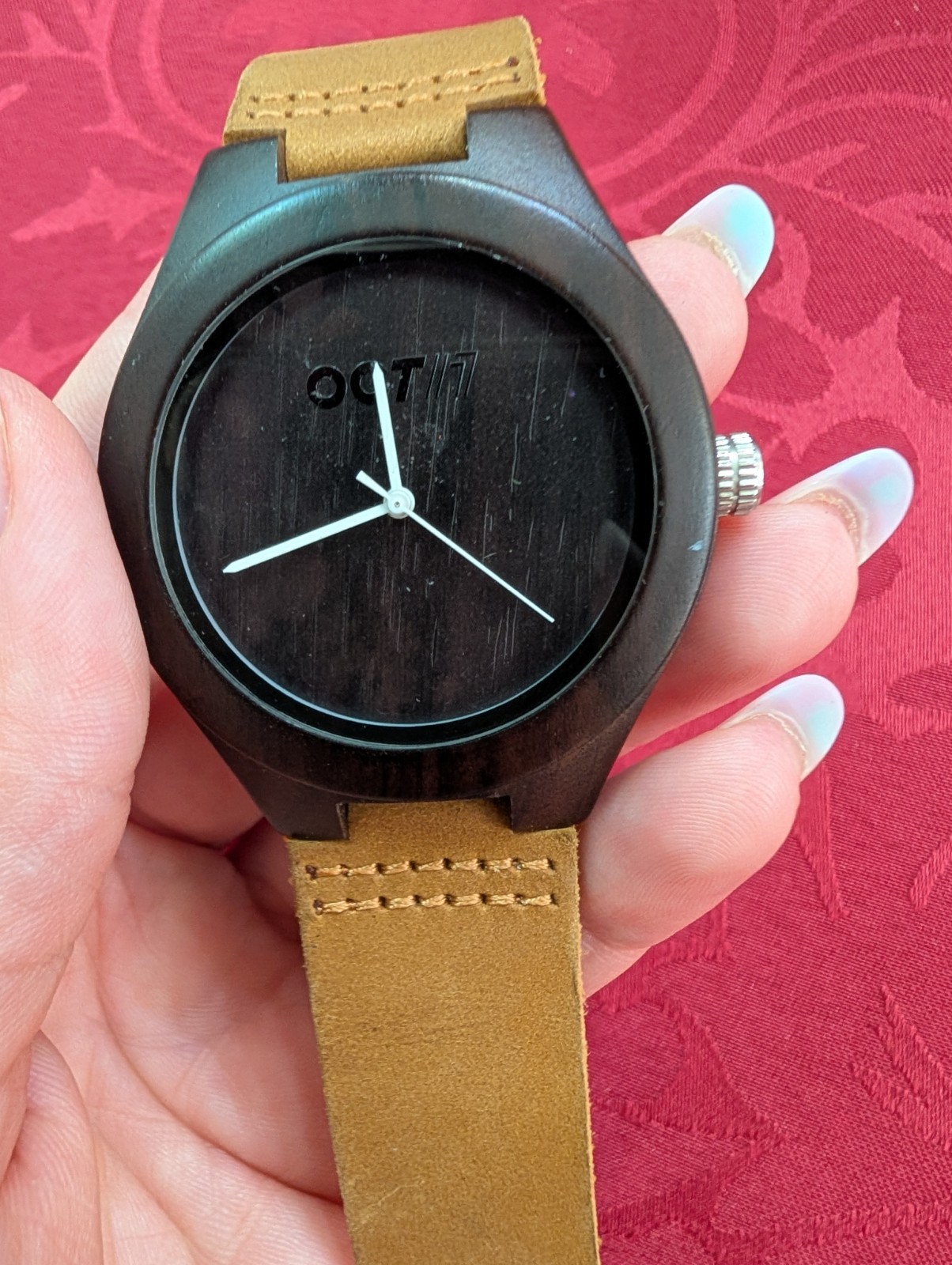 Oct17 Wood Grain Dial Analog Wristwatch Untested Brown Leather Strap Round