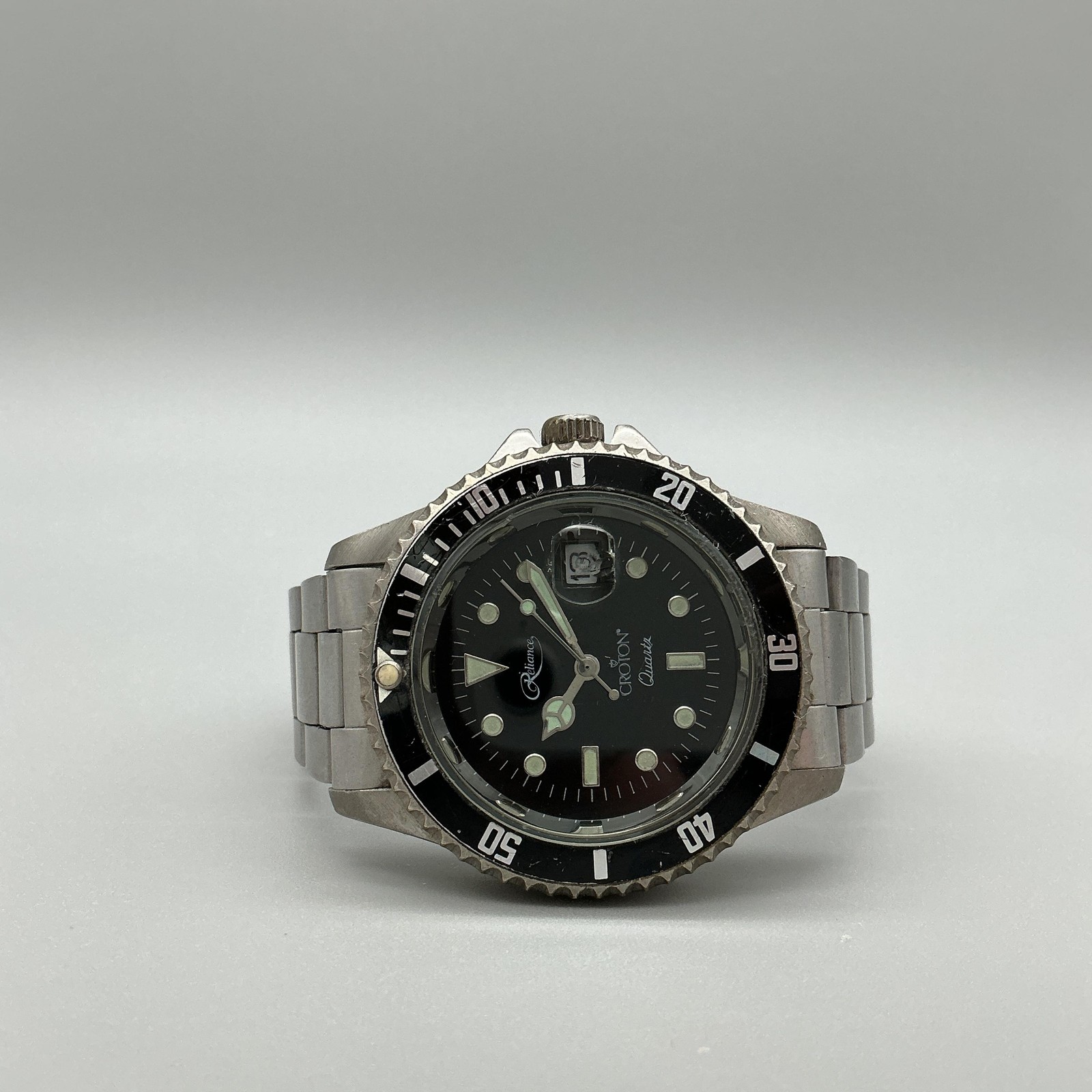 Croton Reliance Mens Watch 40mm Black Diver Date Stainless New Battery 6.75″