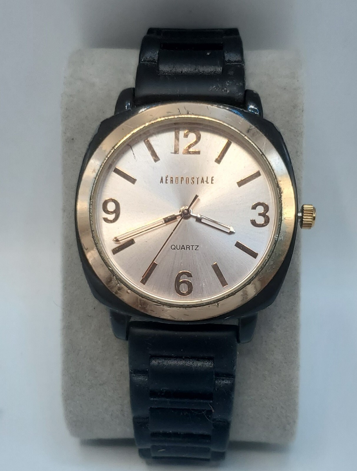 Aeropostale Quartz Watch Rose Gold Tone Case Analog Dial Black Resin Strap