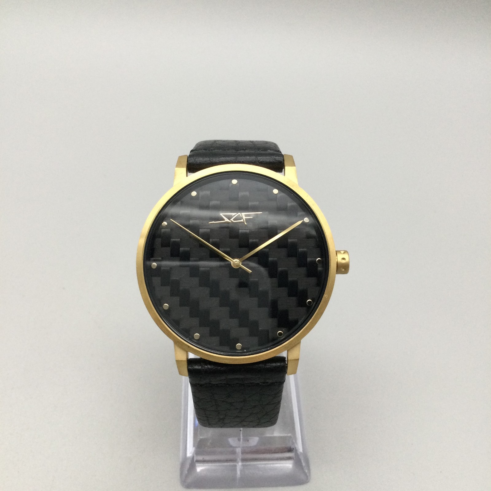 SCF Simply Carbon Fiber Watch Men 40mm Black Tone Dial Leather Band New Battery