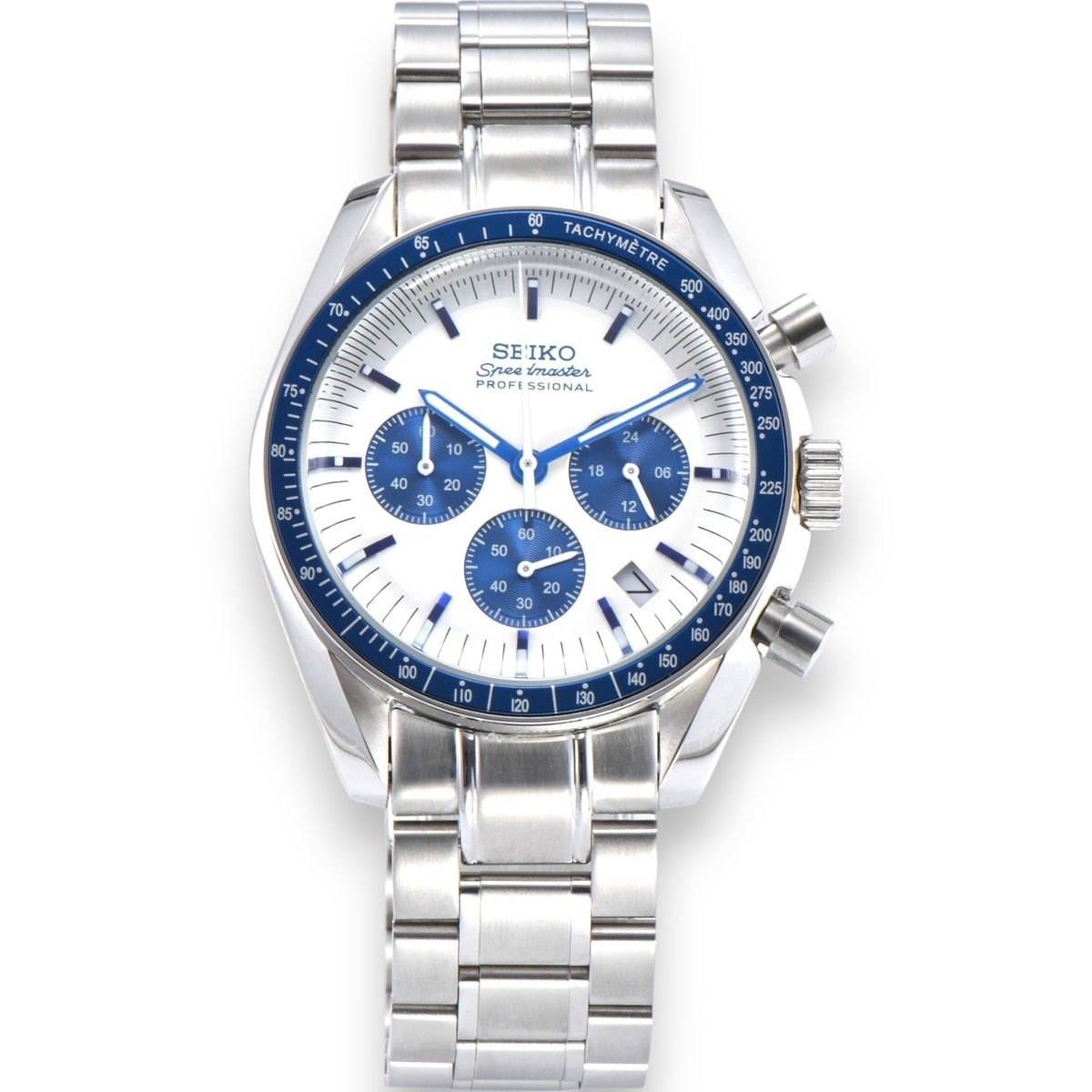 Seiko 40mm Blue Speedmaster Professional Chronograph Mod Watch S.S. Bracelet NEW