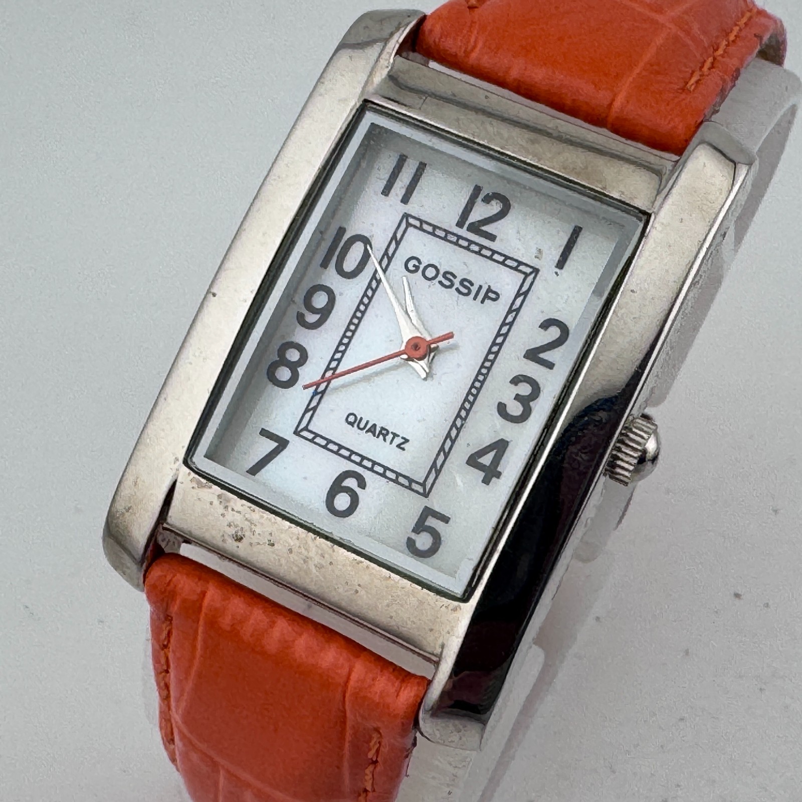 Gossip Japan Quartz Watch Unisex Silver Rectangle Orange Leather New Battery