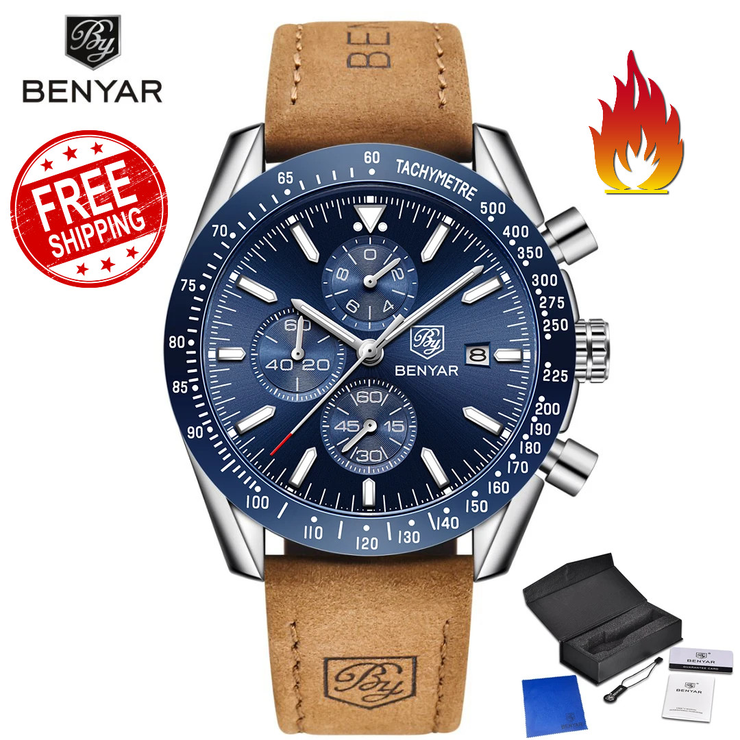 BENYAR Men’s Quartz Watch Leather Luminous Waterproof Multifunction Gift Box