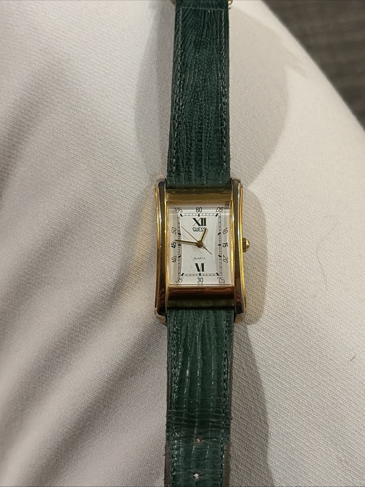 Men’s Vintage Guess Green Leather Band Watch Gold Tone