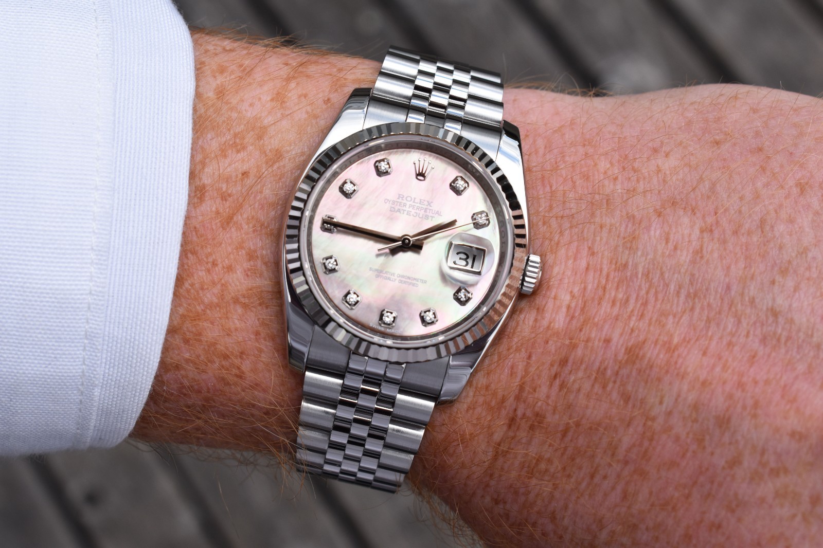 2011 Rolex Datejust 36mm Steel Jubilee Factory Diamond Tahitian MOP Dial 116234