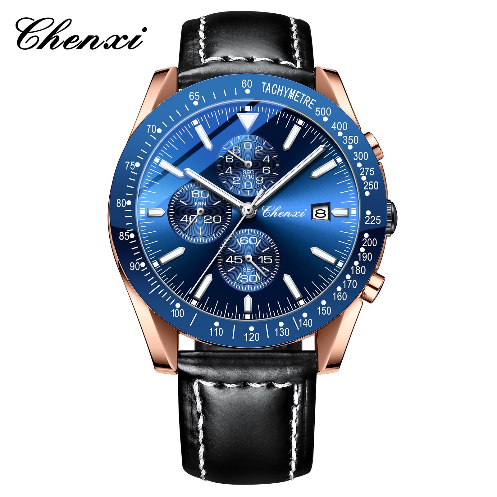 CHENXI Men Luxury Black Leather Calendar Business Sport Chronograph Quartz Watch