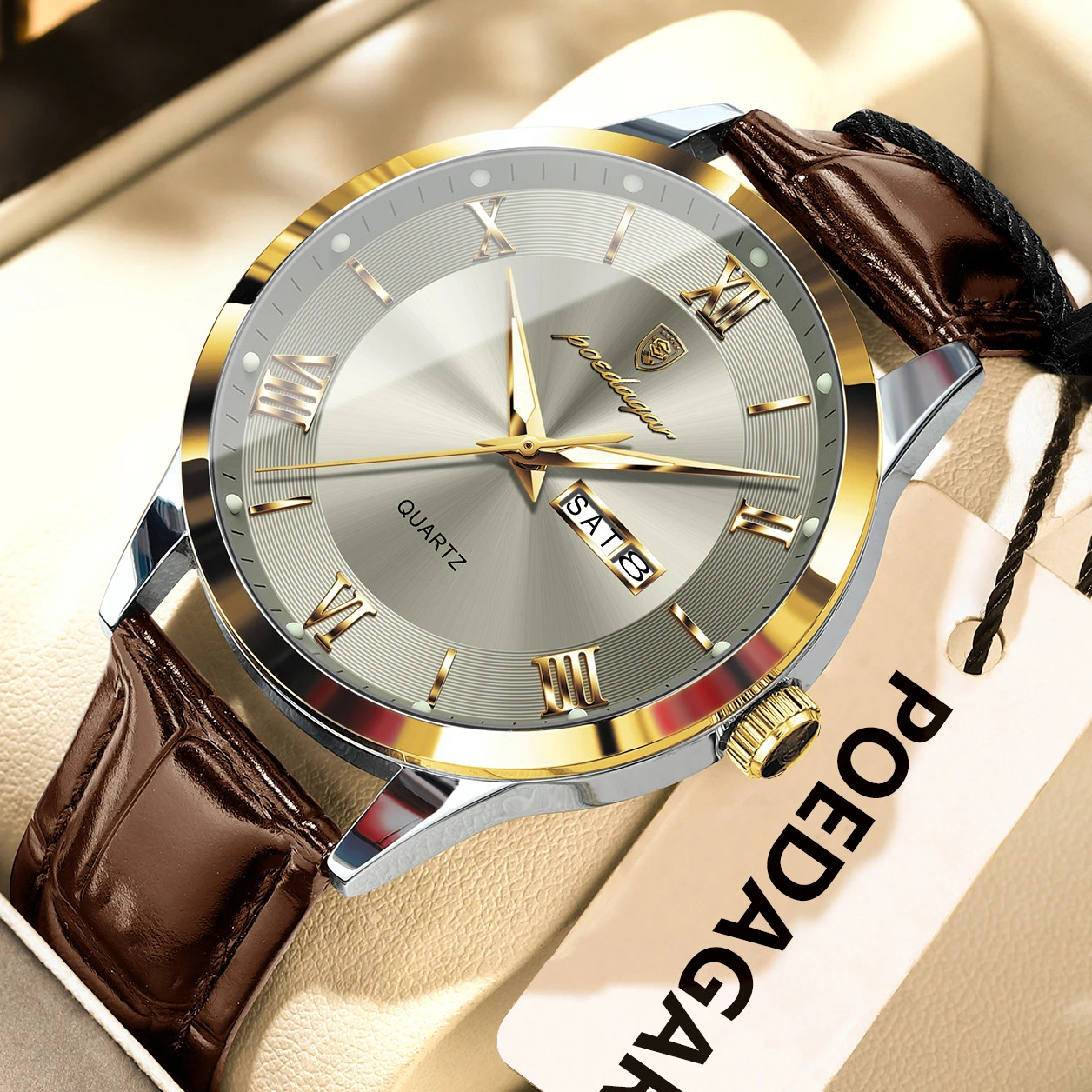 Men’s Leather Quartz Watch Waterproof Luminous Date Week Business Original