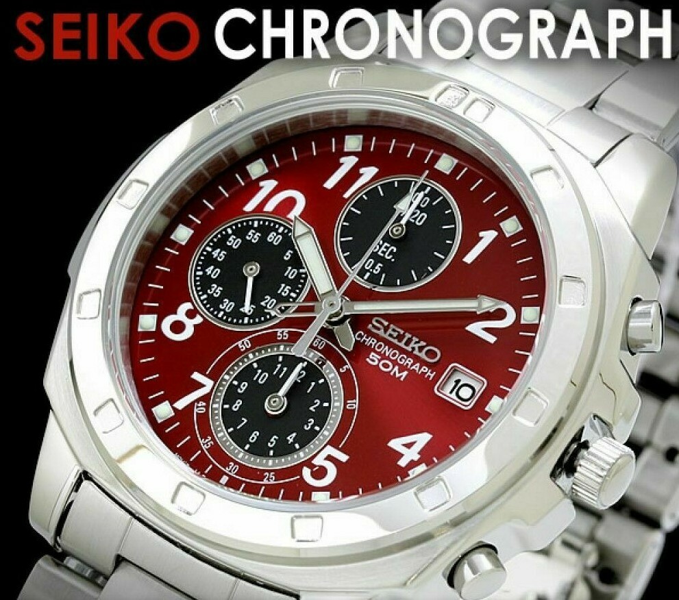 Seiko Mens Watch Chronograph SND495P Circular Red Silver Stainless Steel Japan