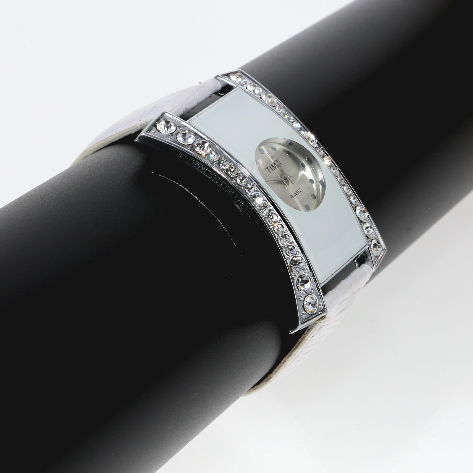 Big Curve Bezel Rhinestone White Dial Women’s Watch Faux White Leather Band