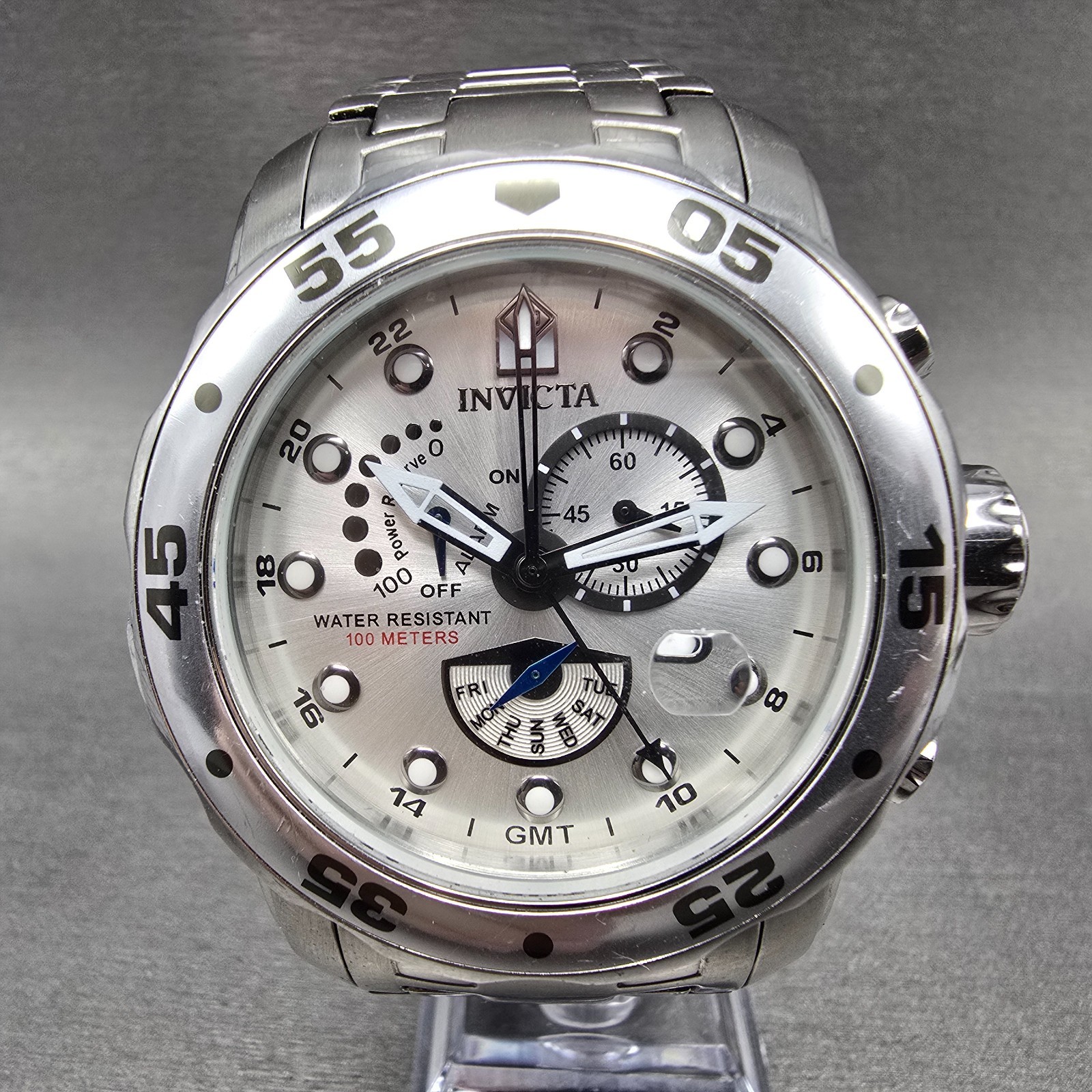 Invicta Pro Diver GMT Watch Men 48mm Silver Dial Steel Daydate Alarm 6088 NewBat
