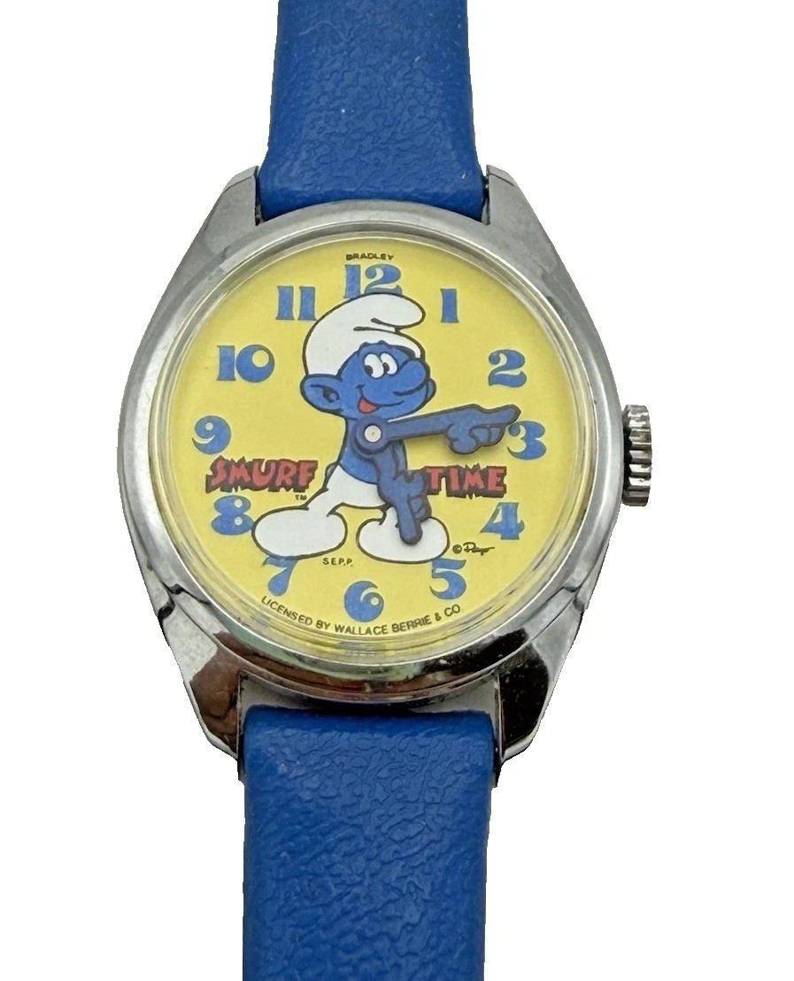 Vintage Bradley Wallace Berrie Smurf Time Mechanical Wind Up Wristwatch Working