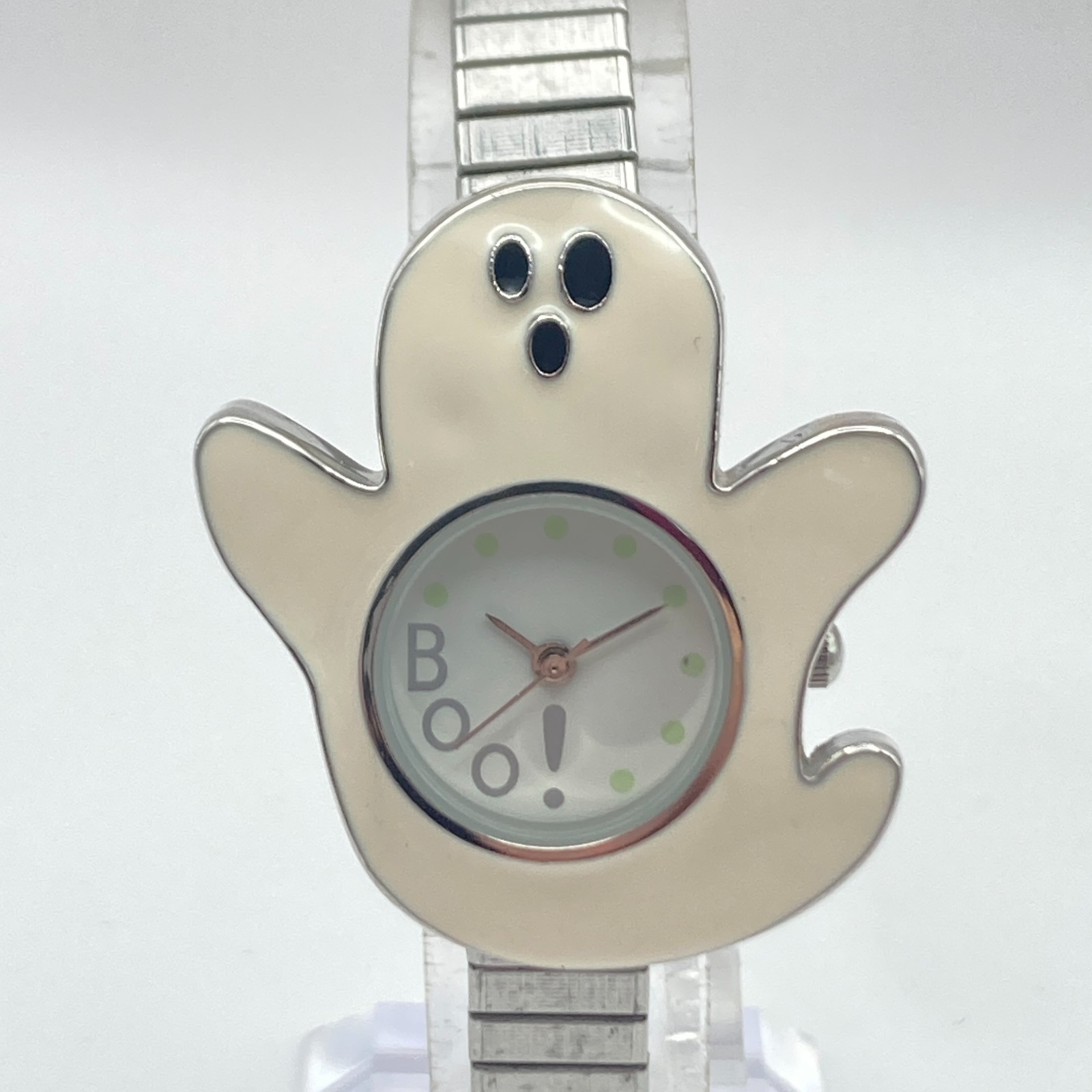 Halloween Women’s Watch Silver Tone Enamel Ghost Stretch Band New Battery 6.75″