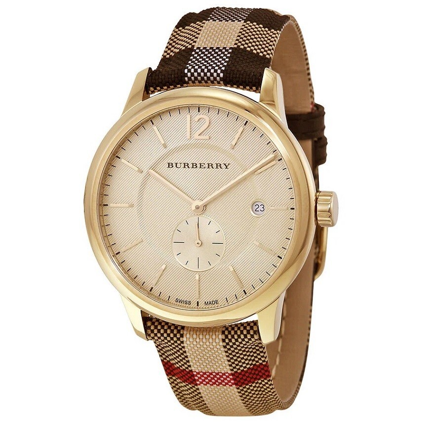 BURBERRY MEN’S WATCH FABRIC & LEATHER MULTICOLOUR STRAP WITH GOLD DIAL BU10001
