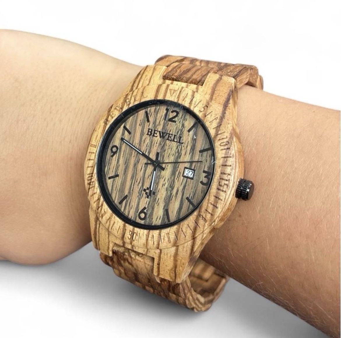 BEWELL Wood Quartz Wristwatch Brown Wood Case & Bracelet Wood Grain Dial Date