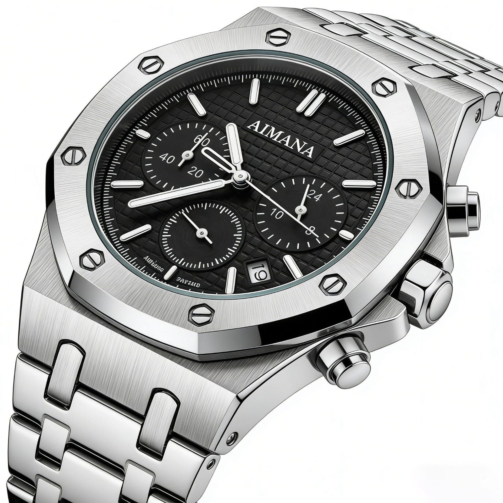VORSEL Mens Quartz Chronograph Watch Black Dial Stainless Steel Band 43mm